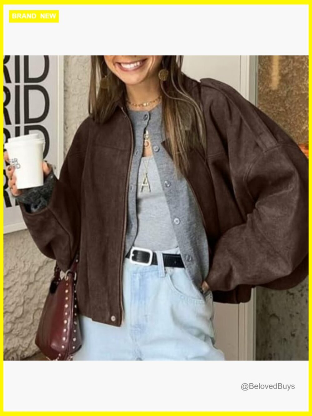 Faux Suede Bomber Jacket Zipper Pilot Coat Oversized Long Sleeves Y2K - Picture 2 of 7